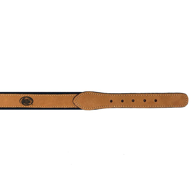 Embossed Logo Leather Ribbon Belt - Tan/Navy