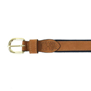 Embossed Logo Leather Ribbon Belt - Tan/Navy